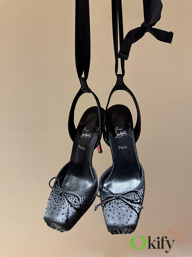 Okify Christian Louboutin Black Satin Ballet Heels With Crystal 11cm - 1