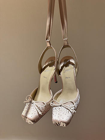 Okify Christian Louboutin Beige Satin Ballet Heels With Crystal 11cm
