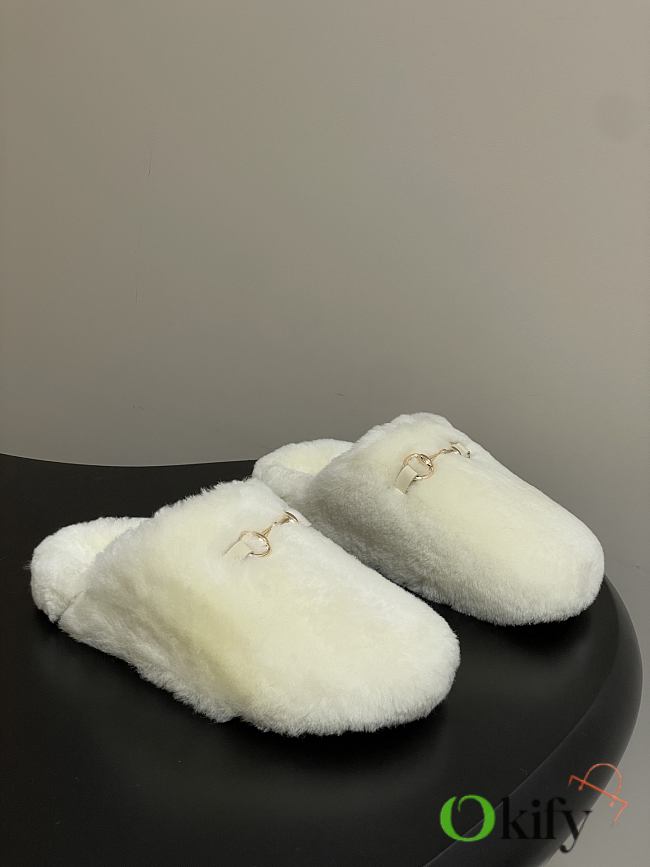 Okify Gucci White Horsebit Wool Slippers  - 1