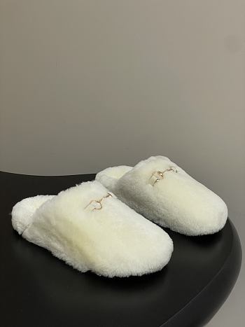 Okify Gucci White Horsebit Wool Slippers 