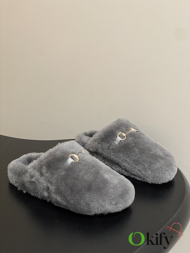 Okify Gucci Gray Horsebit Wool Slippers  - 1