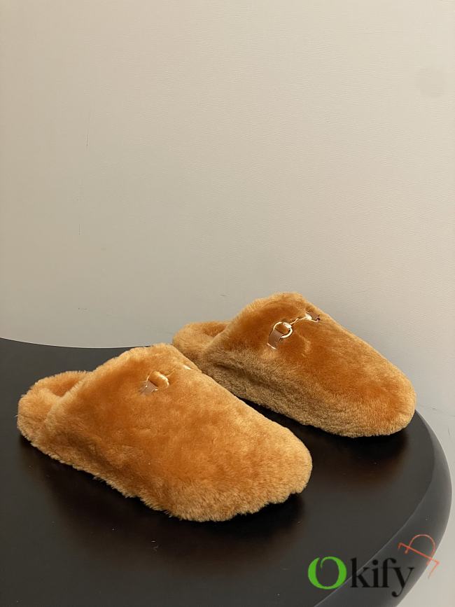 Okify Gucci Orange Horsebit Wool Slippers  - 1
