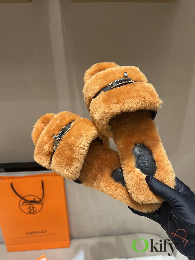 Okify Hermes Brown Wool Slides 26533 - 1