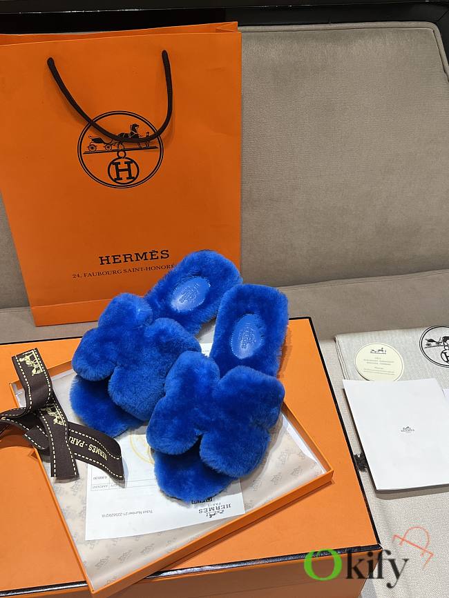Okify Hermes Blue Wool Slides 26540 - 1
