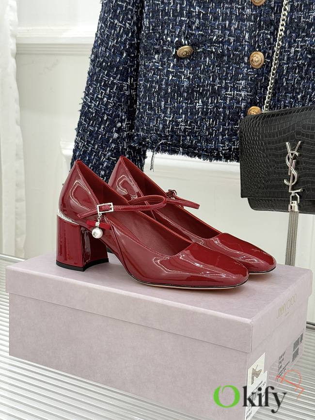 Okify Jimmy Choo Red Mary Jane Heels With Pearl - 1