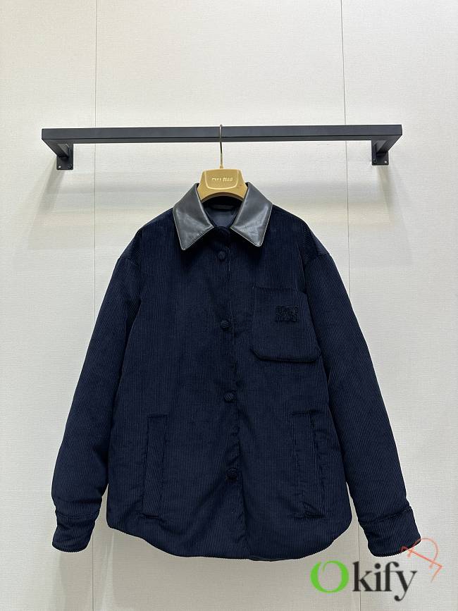 Okify MiuMiu Dark Blue Bomber Jacket With Polo Colar  - 1