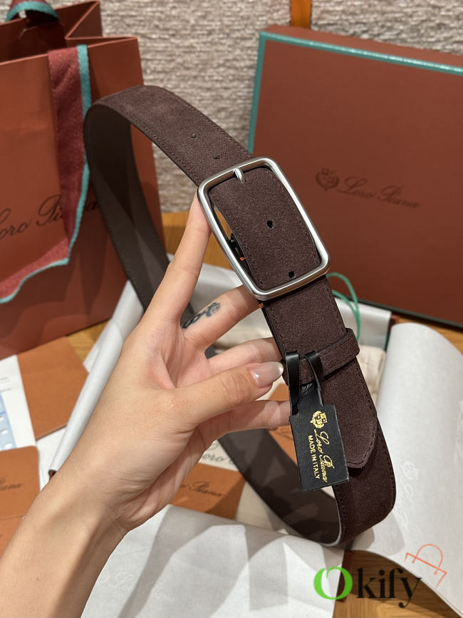 Okify Loro Piana Balloon Dark Brown Suede Men Belt 3.5cm  - 1