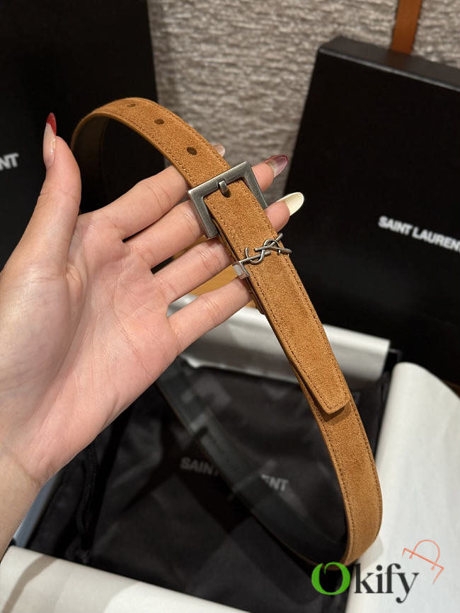 Okify YSL Brown Suede Belt With Silver Hardware 2cm - 1