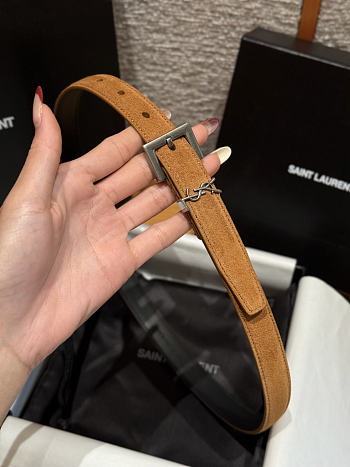 Okify YSL Brown Suede Belt With Silver Hardware 2cm