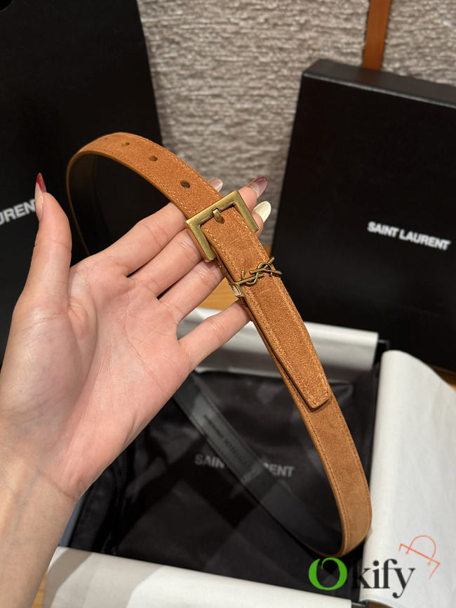 Okify YSL Brown Suede Belt With Gold Hardware 2cm - 1