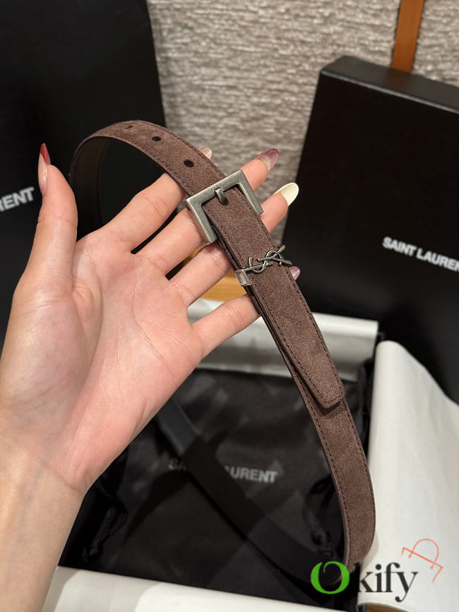 Okify YSL Chocolate Brown Suede Belt With Silver Hardware 2cm - 1