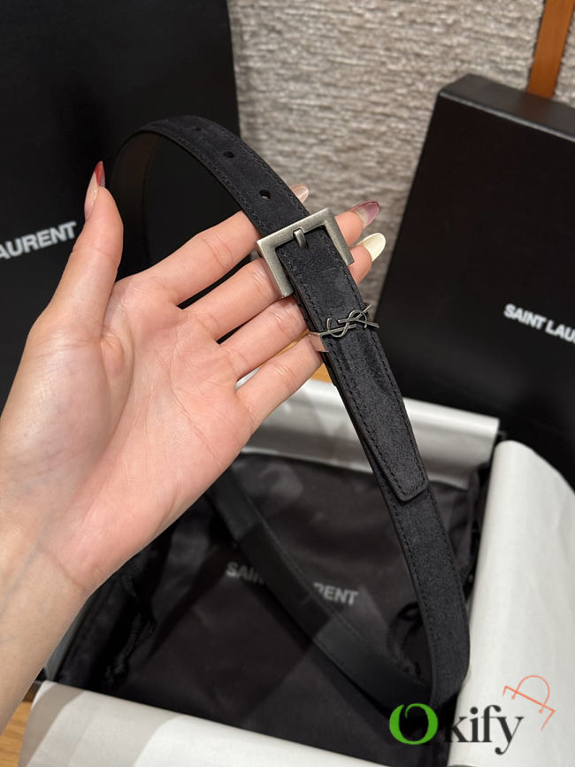 Okify YSL Black Suede Belt With Silver Hardware 2cm - 1