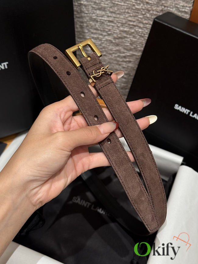 Okify YSL Chocolate Brown Suede Belt With Gold Hardware 2cm - 1