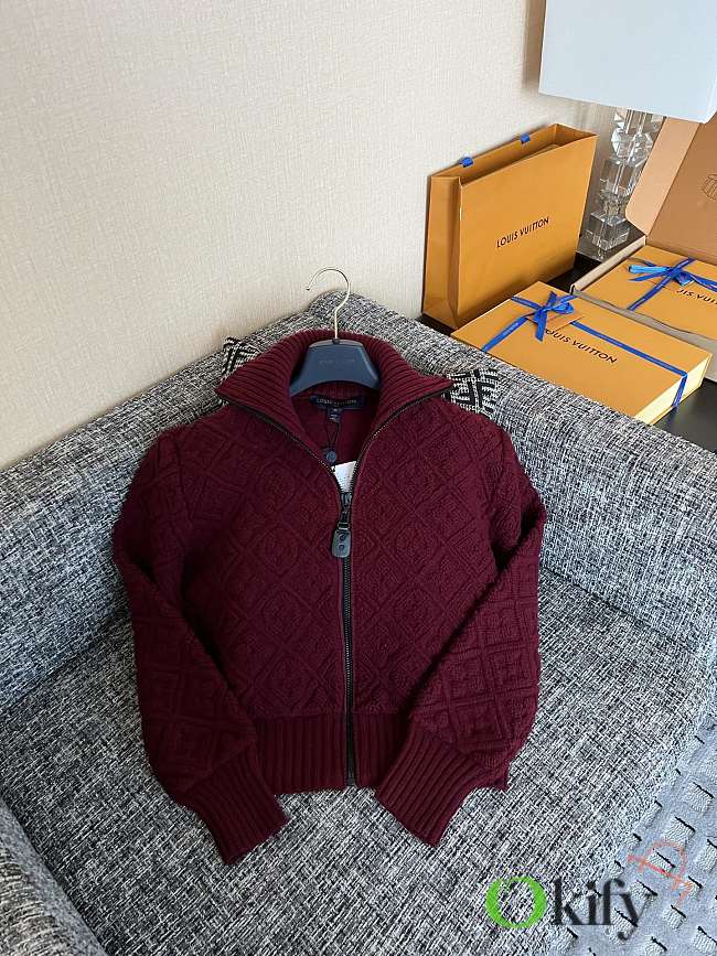 Okify Louis Vuitton Red Burgundy Knit Zip-Up Jacket - 1