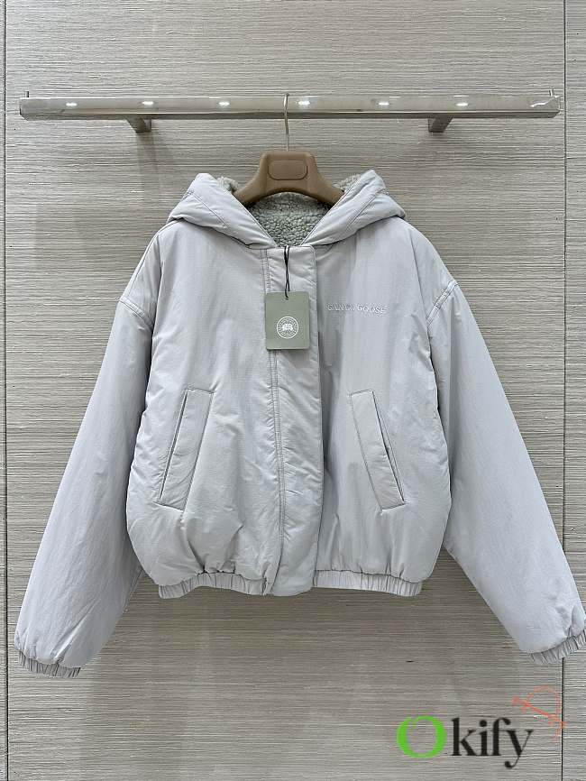 Okify Canada Goose Gray Reversible Teddy Bear Plush Hooded Jacket - 1