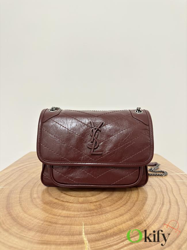 Okify YSL Niki Baby Bag In Red Burgundy Vintage Leather 22x16.5x12cm    - 1