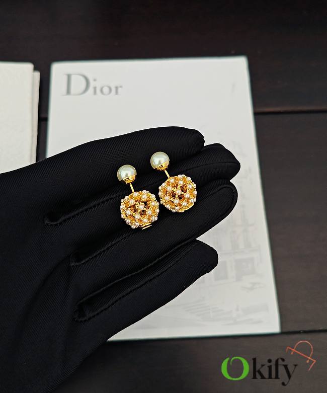 Okify Dior Gold Hollowed-out Large And Small Beads With Diamond Earrings - 1