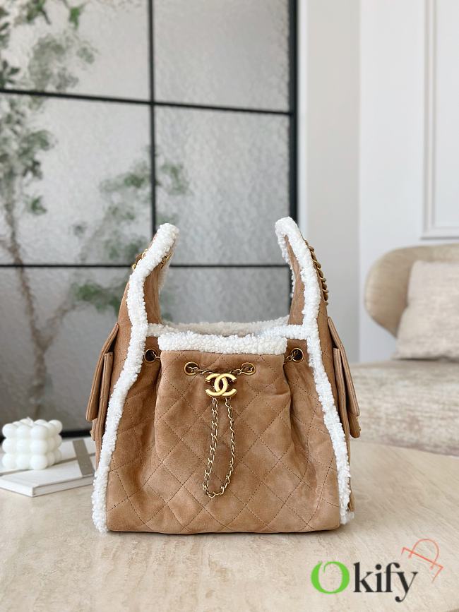 Okify CC 25 Hobo Brown Suede Bag With Fur 30x26x14cm - 1