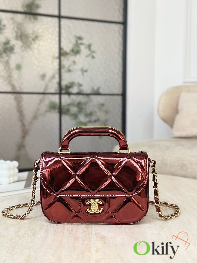 Okify CC Handle Flap Bag In Wine Red Patent Leather 18.5x13x4.5cm - 1