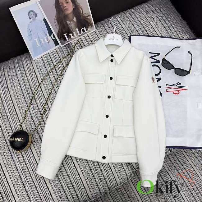 Okify Moncler White Lapel Coat With Multiple Pockets - 1