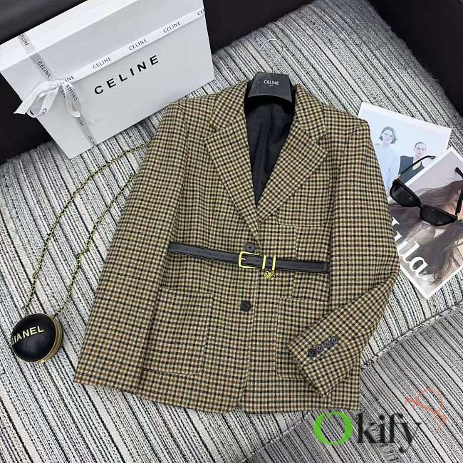 Okify Celine Houndstooth Vest Jacket With A Belt  - 1