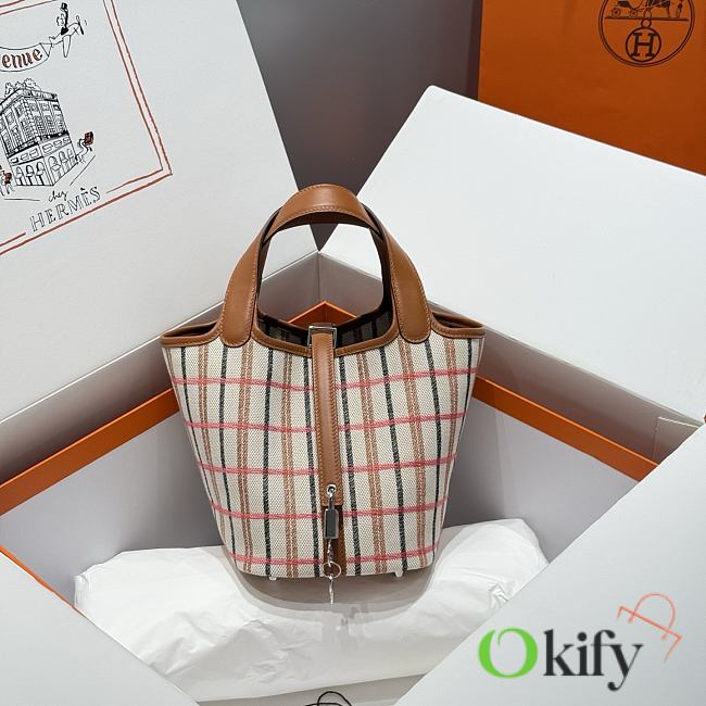 Okify Hermes Picotin Lock Bag Plaid Brown 18cm - 1