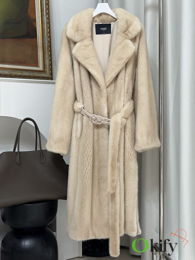 Okify Fendi Long Fur Coat Beige  - 1