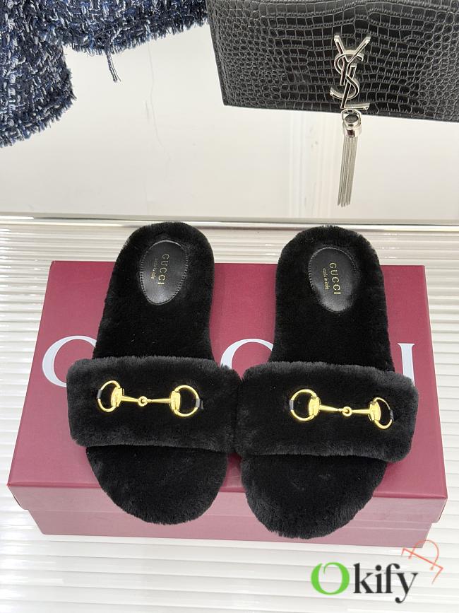 Okify Gucci Horsebit Women Wool Slippers Black - 1