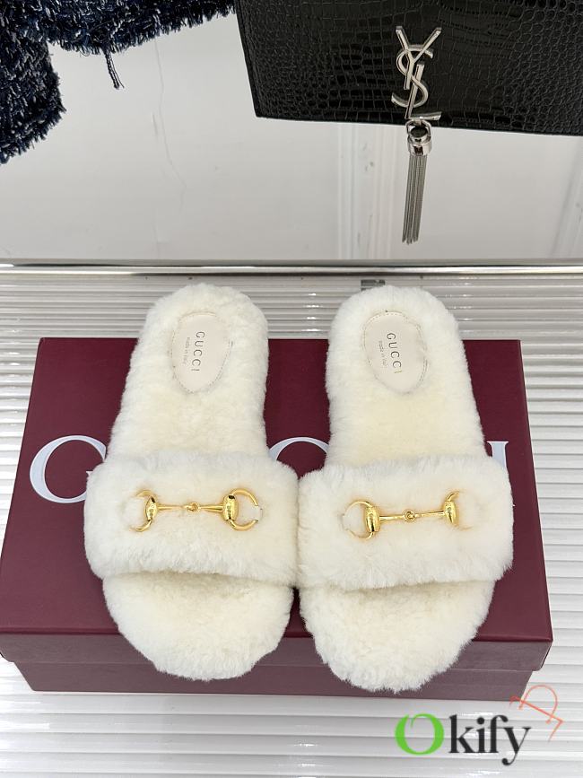 Okify Gucci Horsebit Women Wool Slippers White - 1