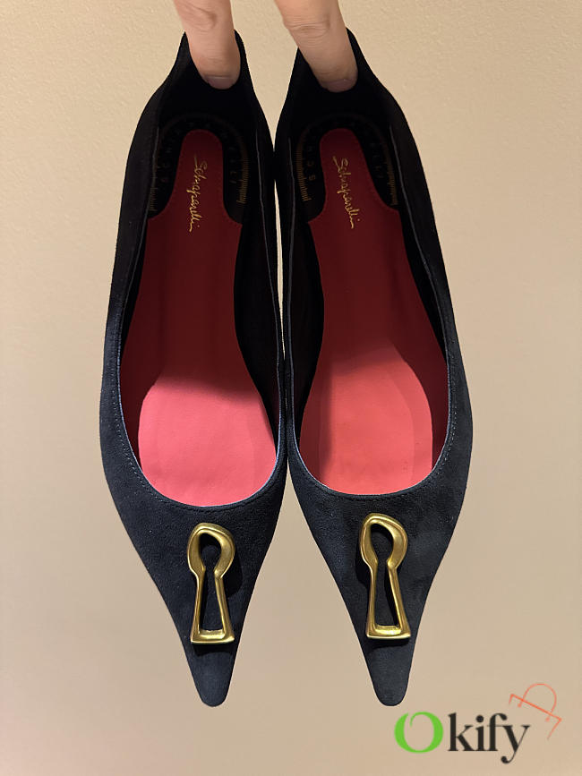 Okify Schiaparelli Black Suede Pointed Toe Heels 2cm - 1