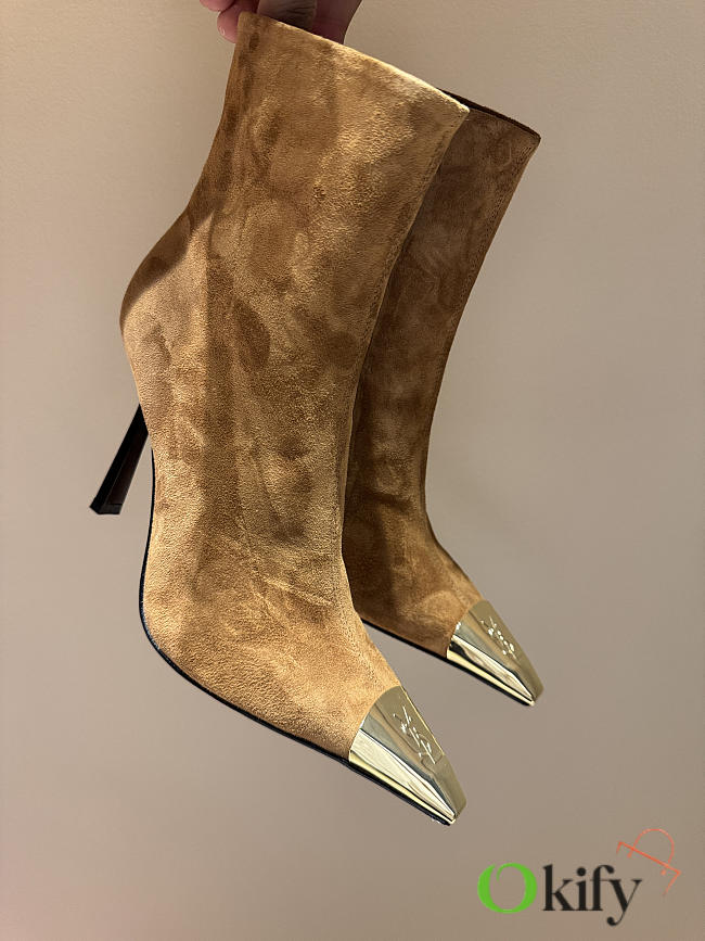 Okify YSL Metal Toe Trim Ankle Boots Brown 10.5cm - 1