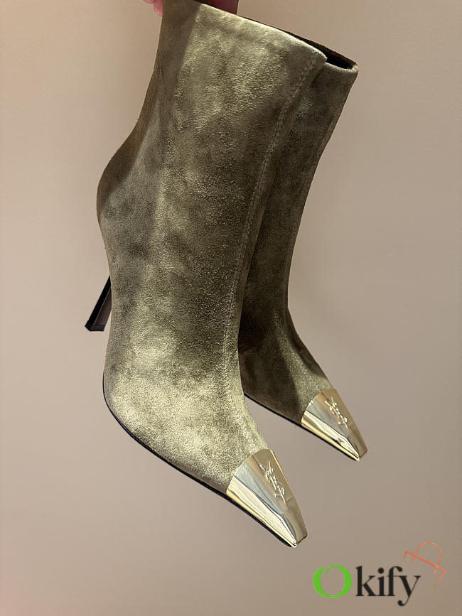 Okify YSL Metal Toe Trim Ankle Boots Green 10.5cm - 1