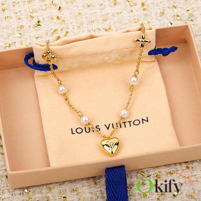 Okify Louis Vuitton Gold Necklace With Heart Charm And Pearl - 1