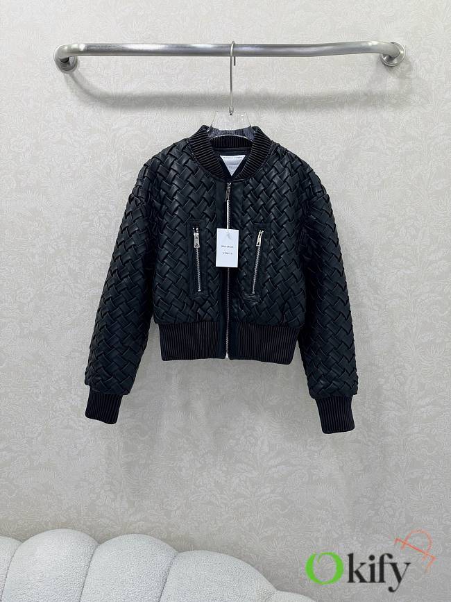 Okify Bottega Veneta Black Woven Leather Collar Motorcycle Jacket Unisex - 1