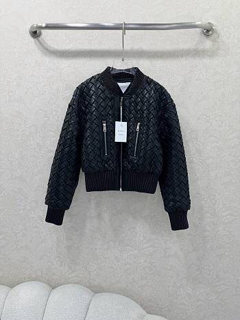 Okify Bottega Veneta Black Woven Leather Collar Motorcycle Jacket Unisex