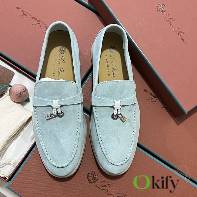 Okify Loro Piana Women Loafers Silver Hardware Light Blue - 1