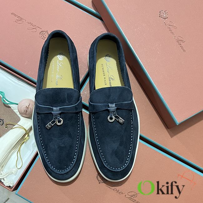 Okify Loro Piana Women Loafers Silver Hardware Dark Blue - 1