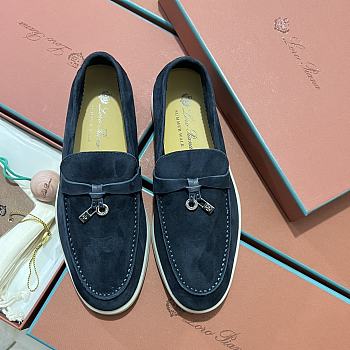 Okify Loro Piana Women Loafers Silver Hardware Dark Blue