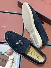 Okify Loro Piana Women Loafers Silver Hardware Dark Blue - 2