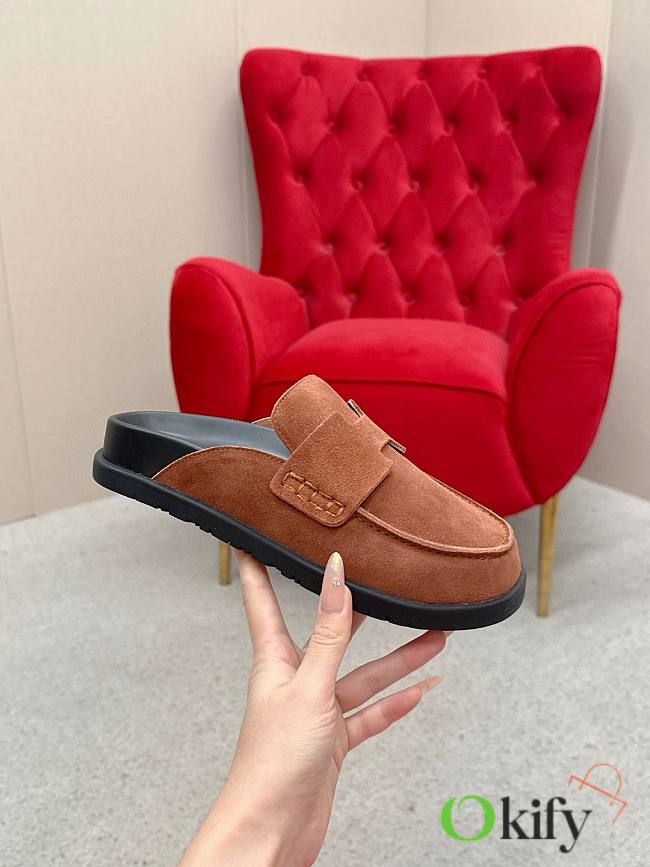 Okify Hermes Brown Suede Slip On Loafers 3cm Unisex - 1
