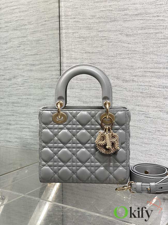 Okify Dior Lady Small Bag Gray Pearls Logo 20cm - 1
