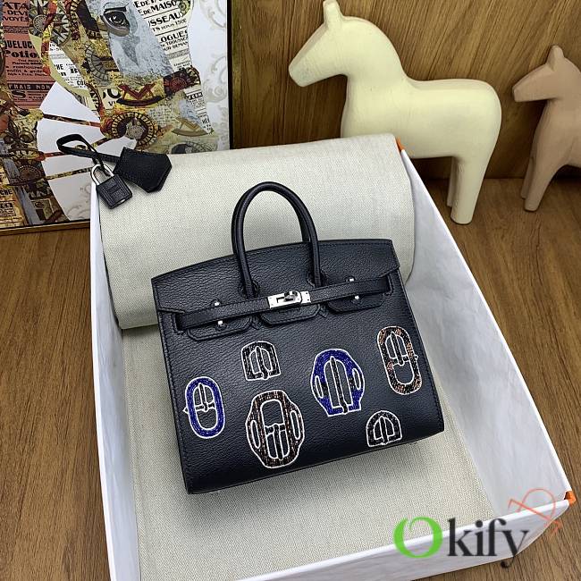 Okify Hermes Birkin 20 Bag Black Badge Beaded Embroidery 27101 - 1