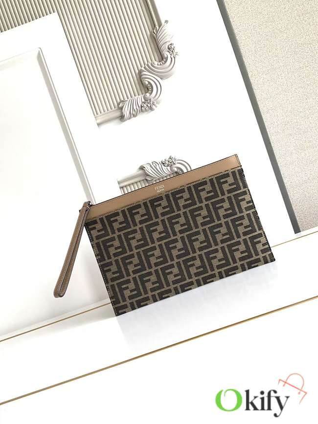 Okify Fendi FF Jacquard Flat Pouch Medium Brown 30x20cm - 1