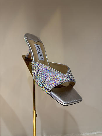 Okify Jimmy Choo Silver Rhinestone Mule Heels 6.5cm