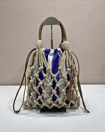 Okify Prada Noué Medium Cotton Macramé Bag Blue And White 1BC111 37x30cm