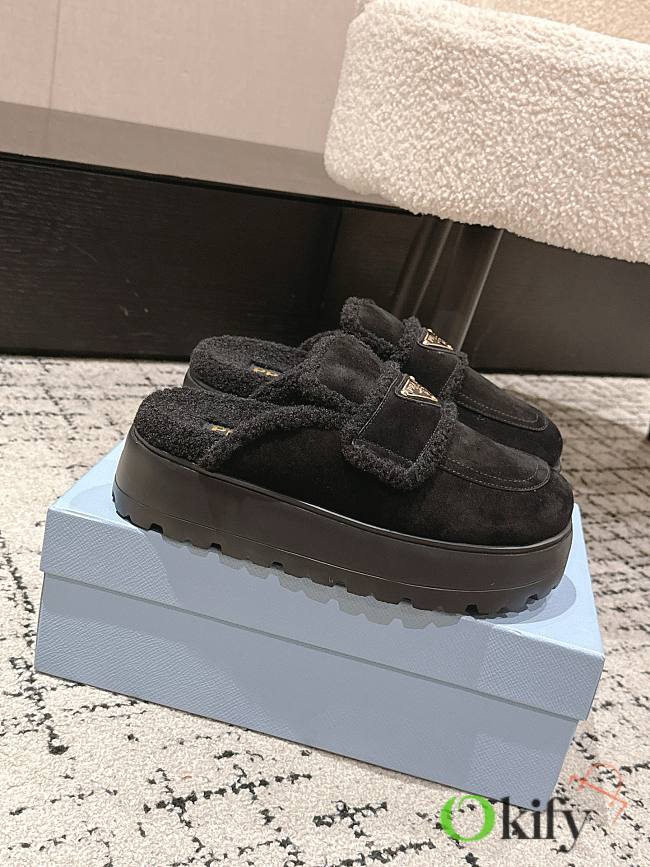 Okify Prada Black Wool Women Slippers With Thick Soles And Covered Toe 1 - 1