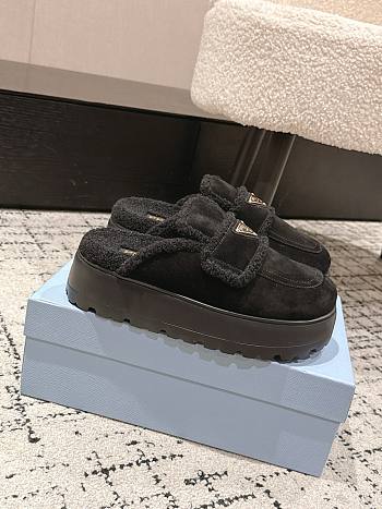 Okify Prada Black Wool Women Slippers With Thick Soles And Covered Toe 1