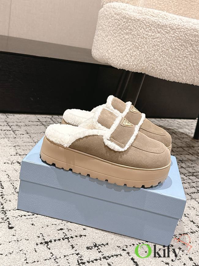 Okify Prada Beige Wool Women Slippers With Thick Soles And Covered Toe 1 - 1