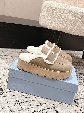 Okify Prada Beige Wool Women Slippers With Thick Soles And Covered Toe 1