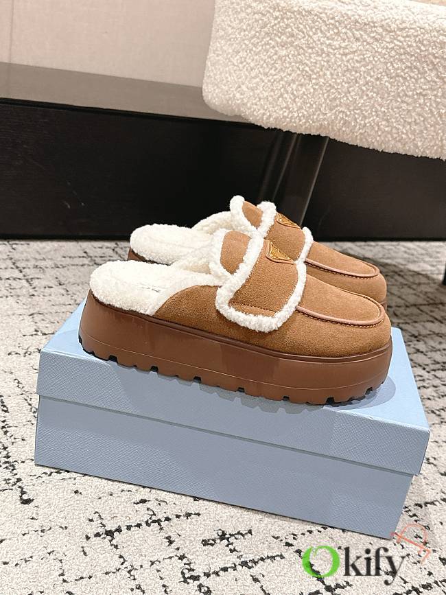 Okify Prada Brown Wool Women Slippers With Thick Soles And Covered Toe 2 - 1